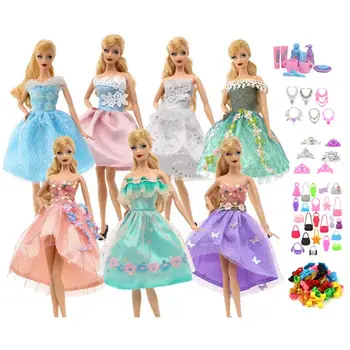 Kawaii 51 бр./лот, Детски играчки = 7 Модни рокли + 10 обувки + 10 мини-чанти + 24 Аксесоари за кукли Барби 