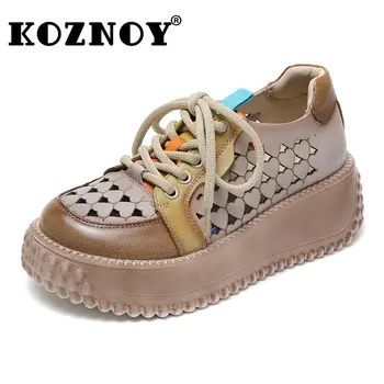 Koznoy 5,5 см, ежедневни дамски обувки на платформа и танкетке от естествена кожа, летни открити женски удобни разноцветни модни дишащи обувки