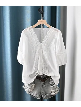 Lamprip Уникална секси памучен бяла риза с V-образно деколте и вълниста бродерия бод с пищни ръкави, отгоре тениска, Лято 2023, Мори Момиче