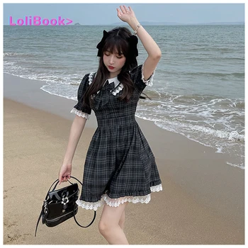 Lolibook Празнични мини-рокли, дамско лятото Кавайное сладко дантелено рокля в клетката, женски японското рокля в стил Лолита 