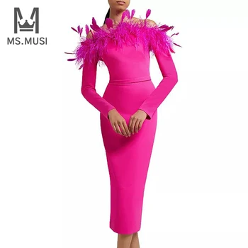 MSMUSI/новост 2023, модно дамско секси рокля миди с открити рамене, пера, дълъг ръкав и отворен гръб, бандажное рокля за парти, за клуб, дебнещ събитие