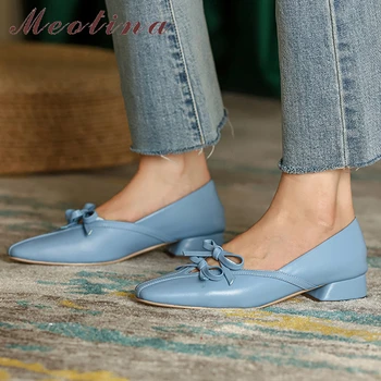 Meotina, дамски обувки-лодка от естествена кожа, дамски обувки на средно квадратен ток с квадратни пръсти и лък, пролет-есен, синьо кайсия, голям размер 42