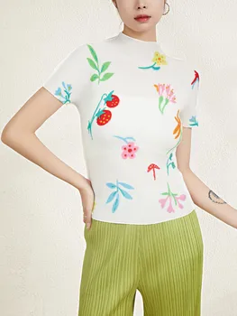 Miyake Нагънат Дантелени Блузи С Къс Ръкав, Дамски Лятна Тънка Тениска с Принтом 2023, Обтягивающая Дизайнерска Риза с Високо Деколте Наполовина