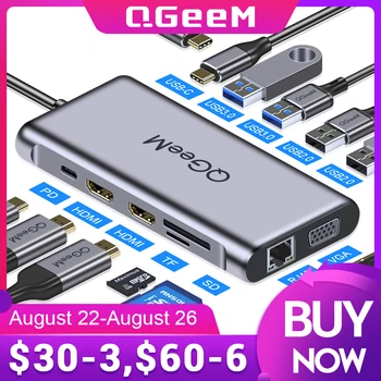 QGeeM C USB Хъб за Macbook Pro с Троен дисплей Type C Hub до 4K Dual HDMI, VGA, Micro SD Кардридеры RJ-45 Aux PD USB Хъб Адаптер