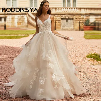 RODDRSYA Модерна сватбена рокля трапецовидна форма с V-образно деколте 2023, Елегантна сватбена рокля с кружевными апликации на спагети презрамки и влак, сватбената рокля Robe De Mariée