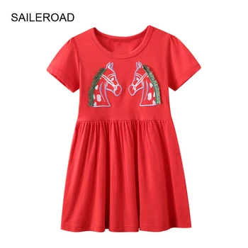 SAILEROAD/от 2 до 7 години 2022, ново лятно червена рокля с коне, детски памучни рокли с къс ръкав, модни дрехи за момичета