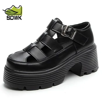 SDWK, летни дамски сандали от естествена кожа, римски сандали, дамски обувки на платформа с квадратна ток в ретро стил