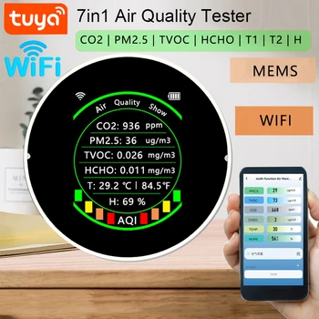 Sasha Wifi 7 В 1 Измерител на качеството на въздуха ФПЧ2.5 CO2 TVOC HCHO AQI Тестер температура и Влажност на въздуха Цветен Дисплей Домашен Тестер за качеството на въздуха
