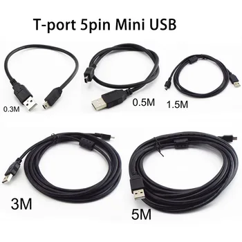 T-порт Mini 5pin USB Кабел За Зареждане на Данни От 0,3 М 0,5 М 1,5 М, 3 М и 5 М USB 2.0 Бързо Зарядно Устройство За MP3 MP4 Плейър Автомобилен Видеорекордер Цифров Фотоапарат D5