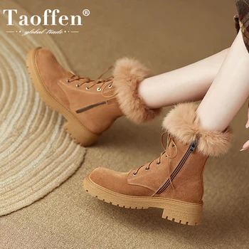 Taoffen/2023; женски ботильоны; зимни обувки от естествена кожа на дебелите меху; дамски модни топло дамски обувки; ежедневни обувки; Размери 34-39