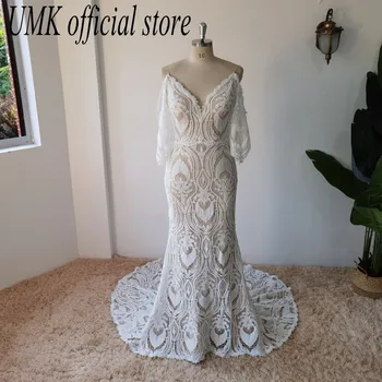 UMK Винтажное вязаное на една кука дантелено сватбена рокля Русалка в стил бохо с подвижни ръкави на спагети презрамки, секси рокли сватба в бохемски стил с отворен гръб