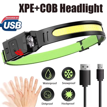 USB Акумулаторна светлината на прожекторите, индукционный налобный фенерче, супер ярки led главоболие фенер за риболов, работно главоболие фенер