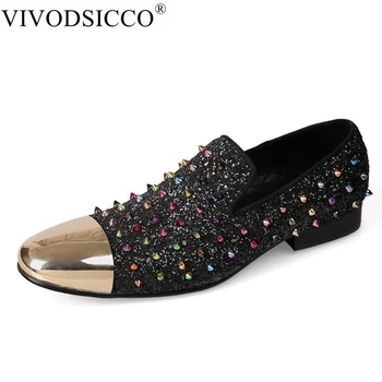 VIVODSICCO/ Мъжки Модни и Ежедневни обувки на равна платформа с Шипованными Нитове и Пайети, Мъжки Сватбени Мокасини, Лоферы Sapato Social Masculino