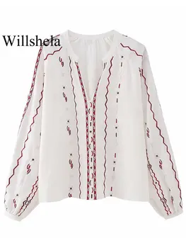 Willshela Дамски модни ризи с бродерия и принтом, реколта ризи с дълги ръкави и V-образно деколте, шикозни дамски блузи, потници