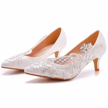 XIHAHA/ модни сватбени обувки на висок ток, бели обувки на булката, дамски обувки-лодка с каишка на щиколотке, дамски обувки, обувки за парти с кристали, лейси обувки