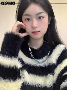 Y2k, дамски пуловер в черно-бяла ивица, мохер, японски свободен пуловер в стил гръндж, градинска облекло в стил харадзюку, ежедневни дамски дрехи