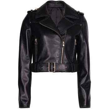 YOLOAgain 2023 Есенна мода яке от естествена кожа, дамски черен базовата укороченная яке, дамски градинска облекло