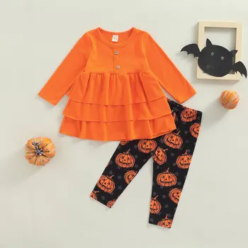 ma & baby от 1 до 5 години, Комплект дрехи за малките момичета за Хелоуин, блузи с дълги ръкави и рюшами, панталони с принтом тиква, екипировки D01