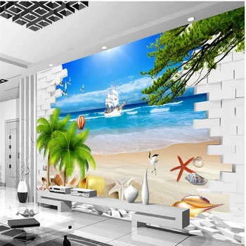 wellyu papel de parede Тапети по поръчка 3D тухлена стена изглед към морето стерео хол с телевизор, разтегателен фон стенописи от папие-маше