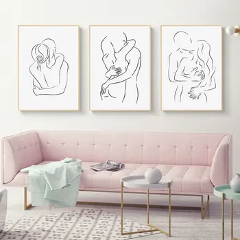 Абстрактни прегръдка Двойка Линия платно щампи минималистичен стенен монтаж декоративен художествен плакат за домашен интериор на сватбената стая Изображение
