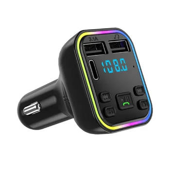 Автомобилен Bluetooth 5.0 FM трансмитер PD Type-C, бързо зарядно с два USB 3.1 A, цветни разсеяна светлина, високоговорител, MP3-модулатор плейър