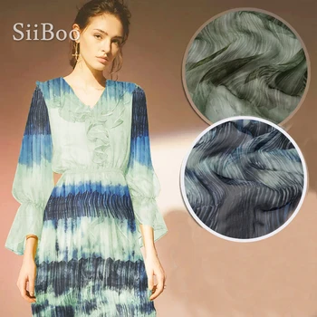 Американският стил на синьо-зелени райета от 100% чиста коприна тъкани от жоржета за рокля от чиста коприна крепа tela tejido 5 мм SP4141