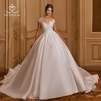 Атласное сватбена рокля без ръкави 2023, рокля на булката трапецовидна форма, придворен струята, принцеса Свансара R121, големи Размери, Vestido De Новия