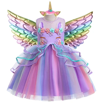 Бебешка рокля с единорогом за момичета, рокли с цветя аппликацией, рокли на принцеси за деца, елегантни костюми за парти по случай рождения ден