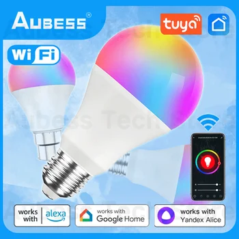 Безжична интелигентна лампа AUBESS E27 B22 Sasha, умна крушка 220v, RGB, бяла, топло, Чрез Гласово управление Yandex Алиса, Alexa, Google Assistant