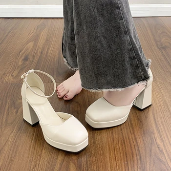 Бели Дамски обувки на ток, Лятна Мода Обувки Mary Jane, с Квадратна глава и Ключалката, Улични Вечерни обувки с каишка отзад на масивна ток, Zapatos De Tacon