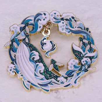 Блестящ икона на Кита, Эмалевая на жени с хубав морски животни, Метална брошка 
