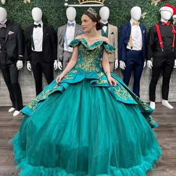 Блестящи изумрудено-зелени тучни рокли Vestidos De 15 Anos с открити рамене, Апликация с бродерия, вечерна рокля на принцеса