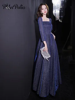 Блестящи тъмно-сини дамски официални рокли Елегантен трапециевидного силует с квадратна деколте, дължина до пода, прости вечерни рокли с дълъг ръкав