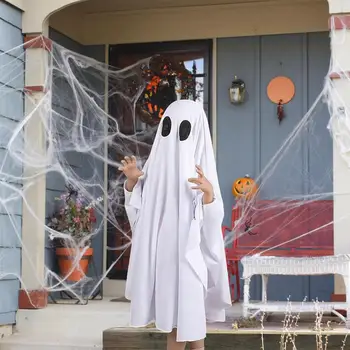 Бял костюм на призрак за маскарадните костюми на децата, дъждобран за cosplay за Хелоуин костюм за изяви, халат за баня за момчета и момичета, дъждобран с качулка
