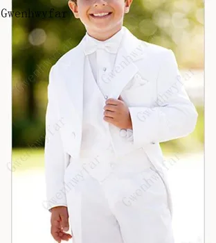 Бяла Официална дрехи за момчета, костюми за момчета (яке + панталон + елек) С жлебовете на лацканах, Детски официален костюм за сватбени партита, Бебешки смокинги