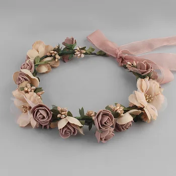 Венец от изкуствени цветя с панделка за коса, сватбени превръзки ръчен Цветен венец, венец, Аксесоари за коса за жени