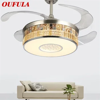 Вентилатор на тавана OUFULA, невидим лампа с дистанционно управление, Модерна луксозна led лампа със златен печат за дома
