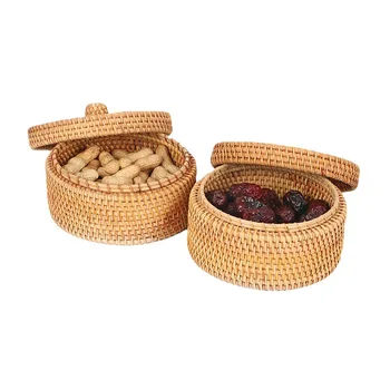 Виетнам Есенна кръгла кутия за съхранение, тъкани от ратан, Кошница за съхранение на чай, димсам, закуски, Кошница за съхранение на шах, плетени от слама лента, порцелан