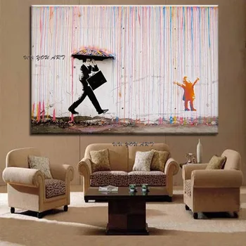 Висококачествена Ръчно рисувани Луксозен изкуство Banksy Цветен Дъжд Платно Художествена Живопис на Платно Абстрактна Живопис Декора на Стените
