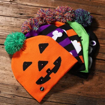 Вязаная шапка с led подсветка на Хелоуин, топло светещ шапка за възрастни и деца, шапка с череп и тиква, подпори за cosplay за детски партита