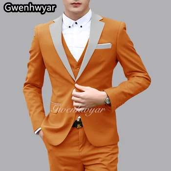 Гвенвьяр, нов оранжев мъжки костюм, 3 предмет, модерен мъжки бутик, блестящ сив сатен, сватбен костюм на младоженеца с ревери