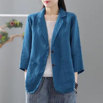 Годишен женски блейзър, сако от лен в стил ДР, корейската мода, свободно финото палто, ежедневието на обикновен тънък сако с ревери, дамски връхни дрехи, палто