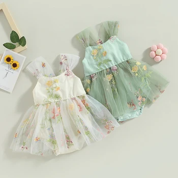 Годишна сладка детски дрехи, анцуг за новородени момичета, без ръкави, бродирани цветя, тюлевые тела, Облекло 0-24 м
