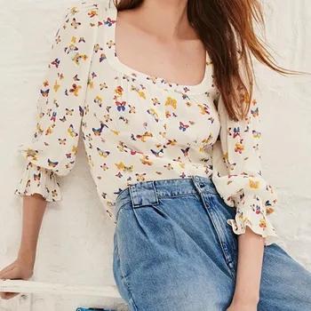 Дамска риза с квадратна яка, цветни однобортная блуза с дълъг расклешенным ръкав-пеперуда, Пролет-лято 2023 г.