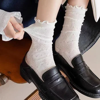 Дамски дълги черни, бели дантелени чорапи, модерен пролетно-летни чорапи с къдри в стил Kawai Харадзюку за момичета, ежедневни сладки чорапи дишащи