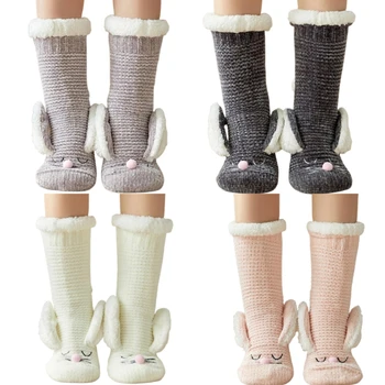 Дамски зимни пухкави чорапи-чехли с захватами с мультяшными заячьими уши, на руното облицовки, минерални нескользящие плетени чорапи носочные изделия за секс M6CD