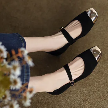 Дамски обувки Mary Jane, на равна подметка със злато пръсти От Изкуствен велур в стил Мозайка На нисък Ток Дизайнерски Обувки с Квадратни Пръсти, Смесени Цветове Дамски Обувки 9871N