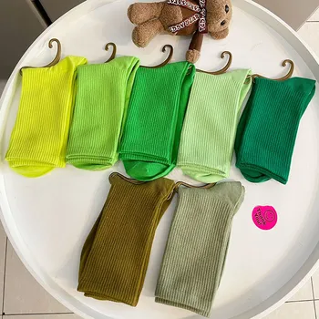 Дамски памучни Чорапи 6 едноцветни цветове луминесцентно зелено, мек дишащ чорап в стил харадзюку, всекидневни женски чорап, с пролетно-есенен стил