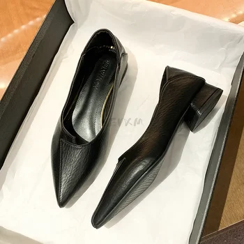 Дамски работна обувки с остър пръсти; колекция 2023 г.; пролет-есен Нова дамски Кожени обувки на нисък ток с отворени пръсти червен цвят