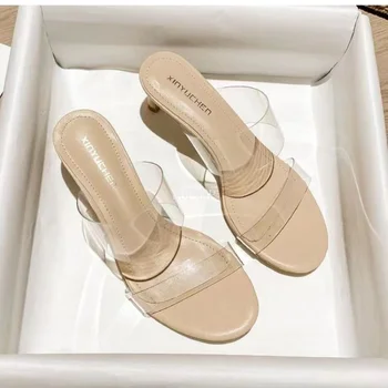 Дамски сандали от перспекса на висок ток, от прозрачно PVC с прозрачни кристали, лаконичная класически модни дамски обувки, без закопчалка, размер 35-42